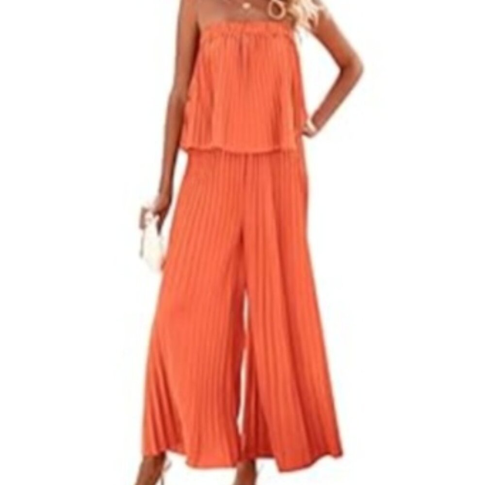 BTFBM Women Off Shoulder Strapless Pleated Wide Leg Palazzo Pants Jumpsuit